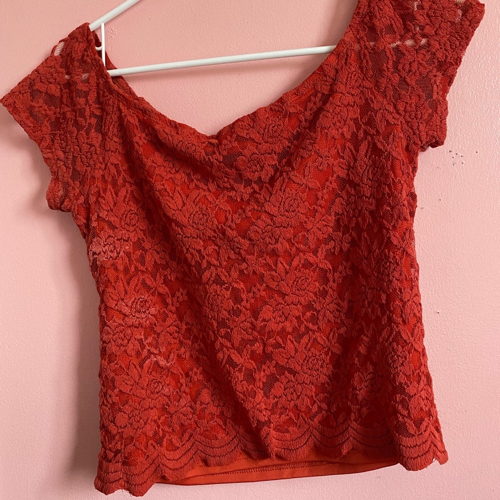 Lace/knit off the shoulder top, orangish red